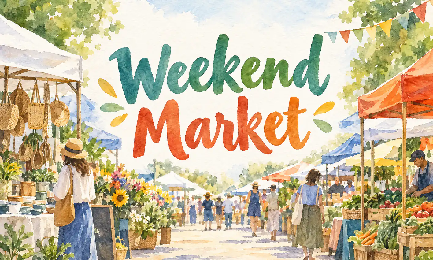 Cartaz de feira em aquarela gerado por IA, com o título grande “Weekend Market” no centro. Descrição: Cartaz em aquarela de uma feira de fim de semana, título grande “Weekend Market” no centro, sem outros textos