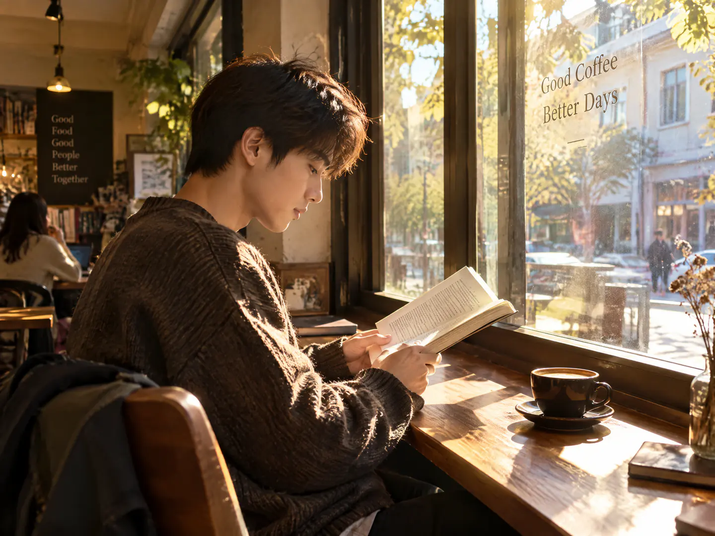 Foto cotidiana gerada por IA de um jovem lendo perto da janela de um café, com sol da tarde na mesa de madeira e na xícara de café e letras decorativas em inglês em uma lousa atrás dele