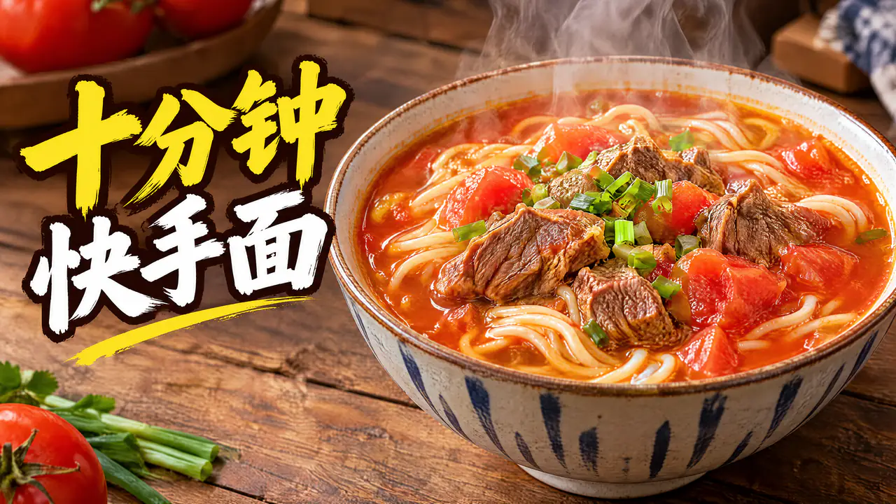 Miniatura de vídeo culinário em 16:9 gerada por IA, com uma tigela fumegante de macarrão com carne e tomate sobre uma mesa de madeira e um grande título chinês, “十分钟快手面”, à esquerda