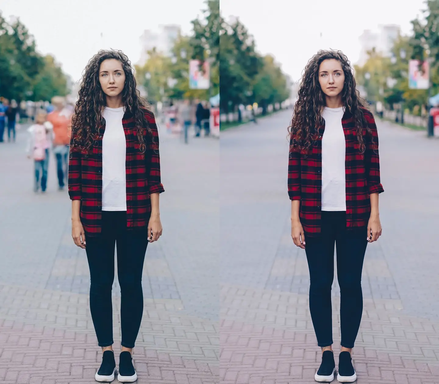 Antes e depois da remoção de pessoas ao fundo de um retrato na rua