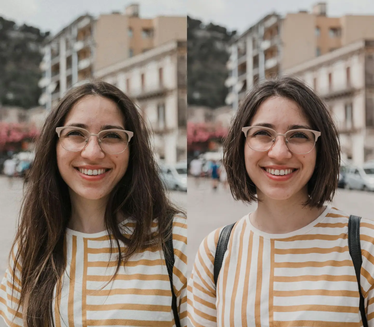 Antes e depois de uma mulher de óculos trocar o cabelo longo por um corte bob na altura do queixo