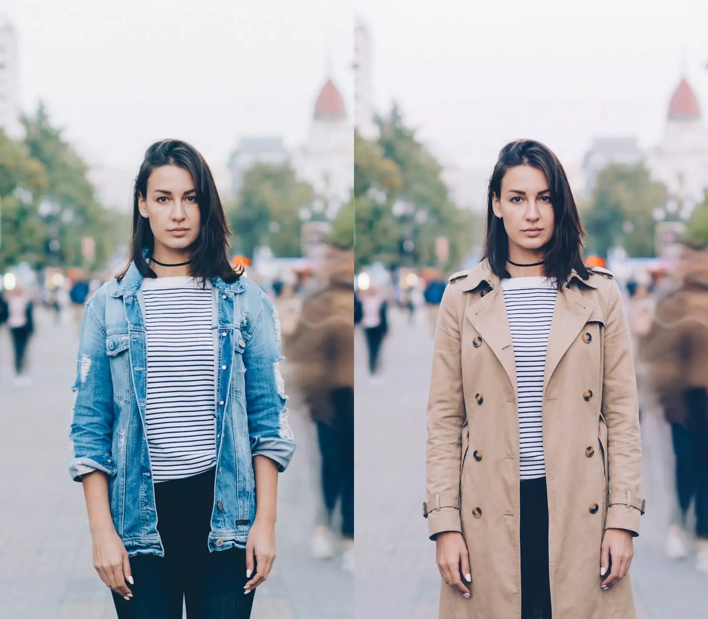 Antes e depois da troca de uma jaqueta jeans por um sobretudo bege em um retrato na rua