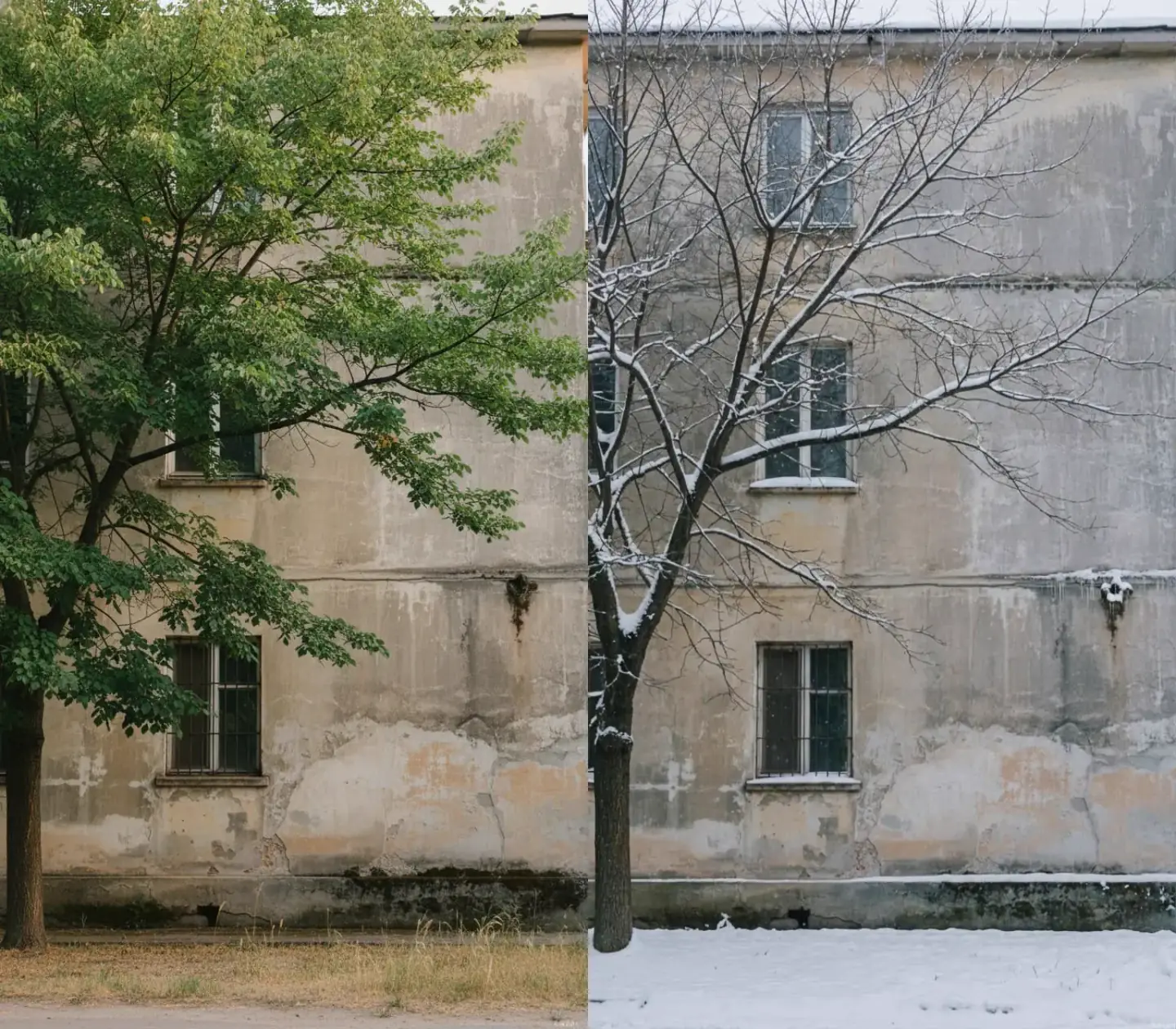 Árvore diante de um edifício exibida com folhas verdes e com galhos nus no inverno
