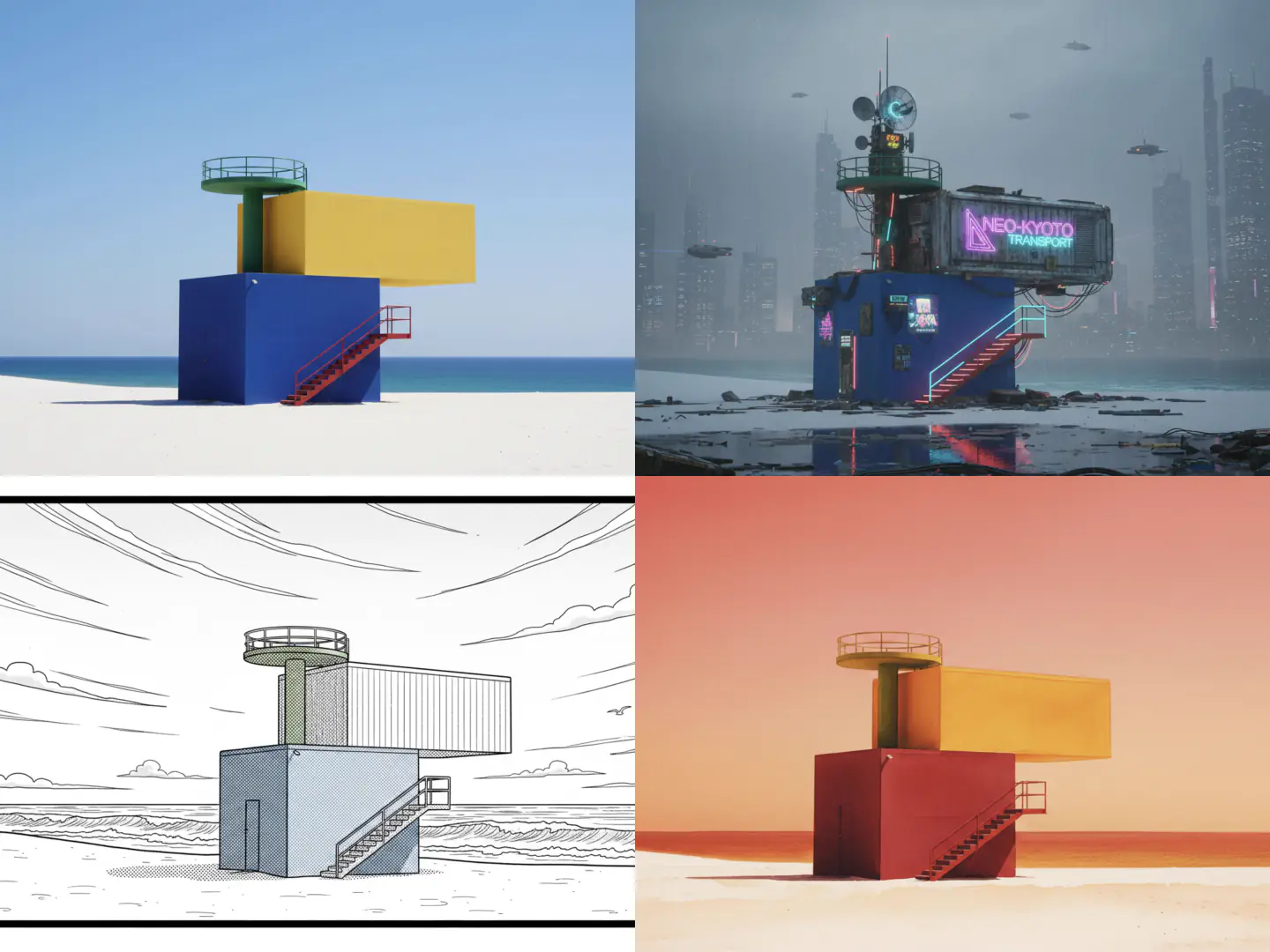 As mesmas formas geométricas exibidas em estilos realista, futurista, desenho de linhas e cores quentes